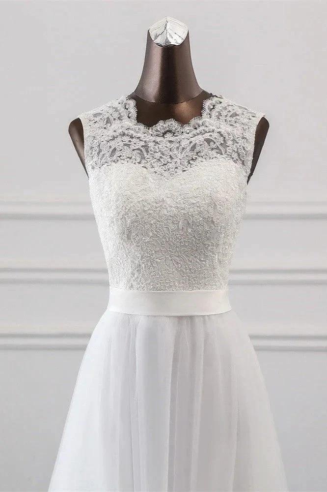 Elegant Long A-line Jewel Tulle Appliques Lace Wedding Dress