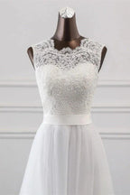 Elegant Long A-line Jewel Tulle Appliques Lace Wedding Dress