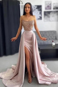 Elegant Long A-line Lace Sequined Sleeveless Prom Dress With Slit