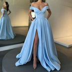 Elegant Long A-line Off the Shoulder Satin Formal Prom Dresses with Slit