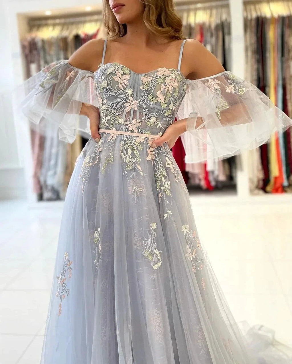 Elegant Long A-line Off the Shoulder Tulle Formal Prom Dress with Sleeves