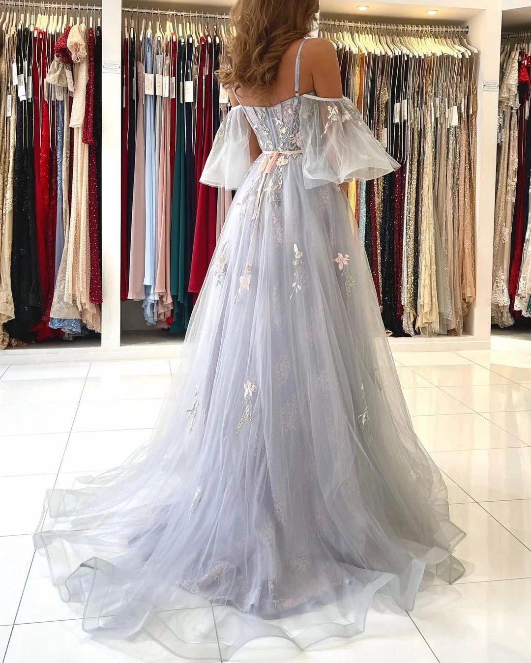 Elegant Long A-line Off the Shoulder Tulle Formal Prom Dress with Sleeves