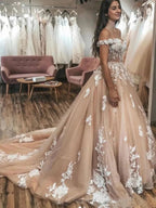Elegant Long A-line Off the Shoulder Tulle Lace Graduation Prom Dresses