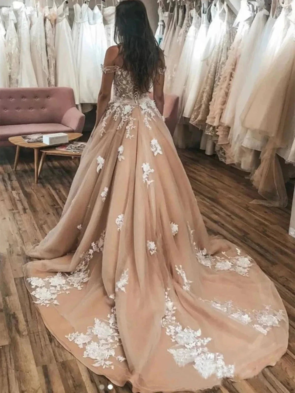 Elegant Long A-line Off the Shoulder Tulle Lace Graduation Prom Dresses