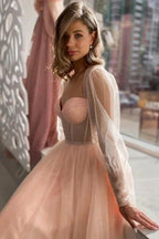 Elegant Long A-line Pink Tulle Long Sleeves Prom Dress Peach Party Dress