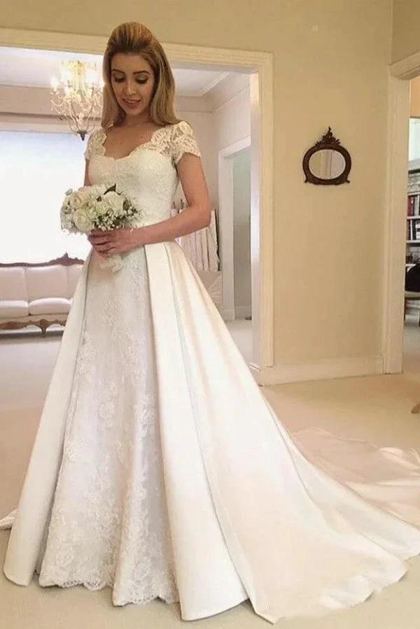 Elegant Long A-line Satin Lace Wedding Dress with Sleeves