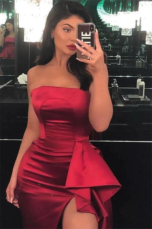 Elegant Long A-line Strapless Satin Prom Dress with Slit