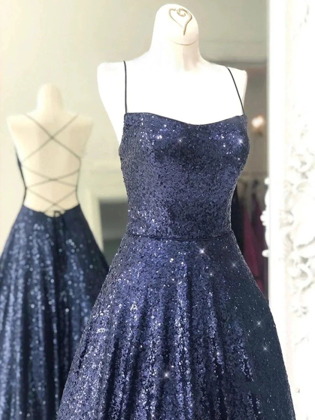 Elegant Long A-line Strapless Sequined Open Back Formal Prom Dresses