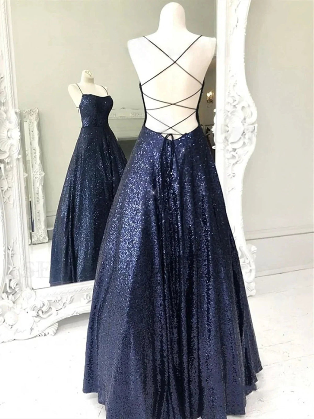 Elegant Long A-line Strapless Sequined Open Back Formal Prom Dresses