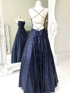 Elegant Long A-line Strapless Sequined Open Back Formal Prom Dresses