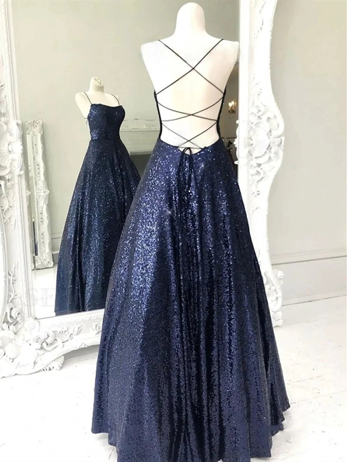 Elegant Long A-line Strapless Sequined Open Back Formal Prom Dresses