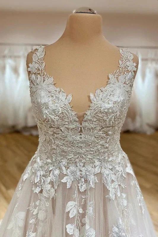 Elegant Long A-Line Sweetheart Appliques Lace Tulle Wedding Dress