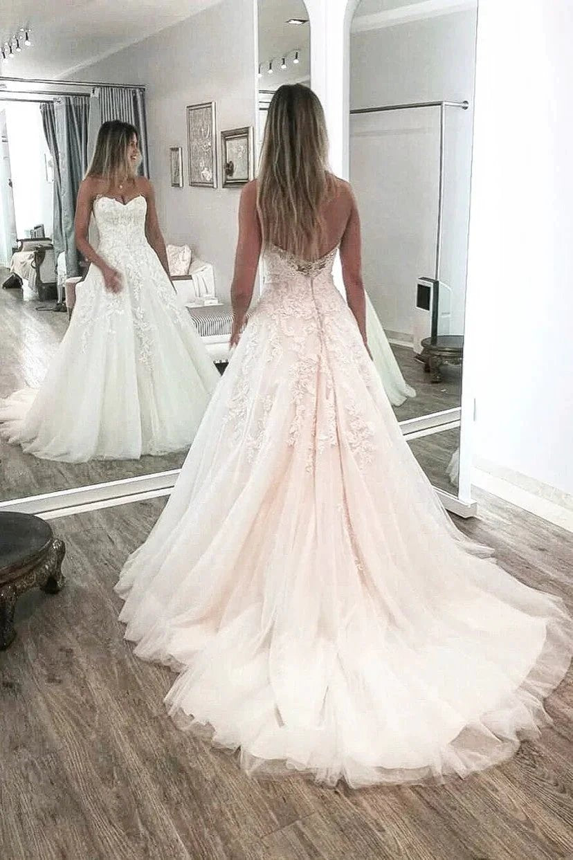 Elegant Long A-line Sweetheart Appliques Lace Tulle Wedding Dress