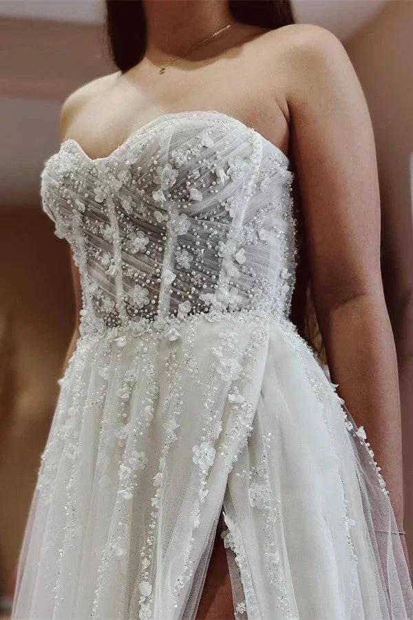 Elegant Long A-line Sweetheart Tulle Lace Wedding Dress with Slit