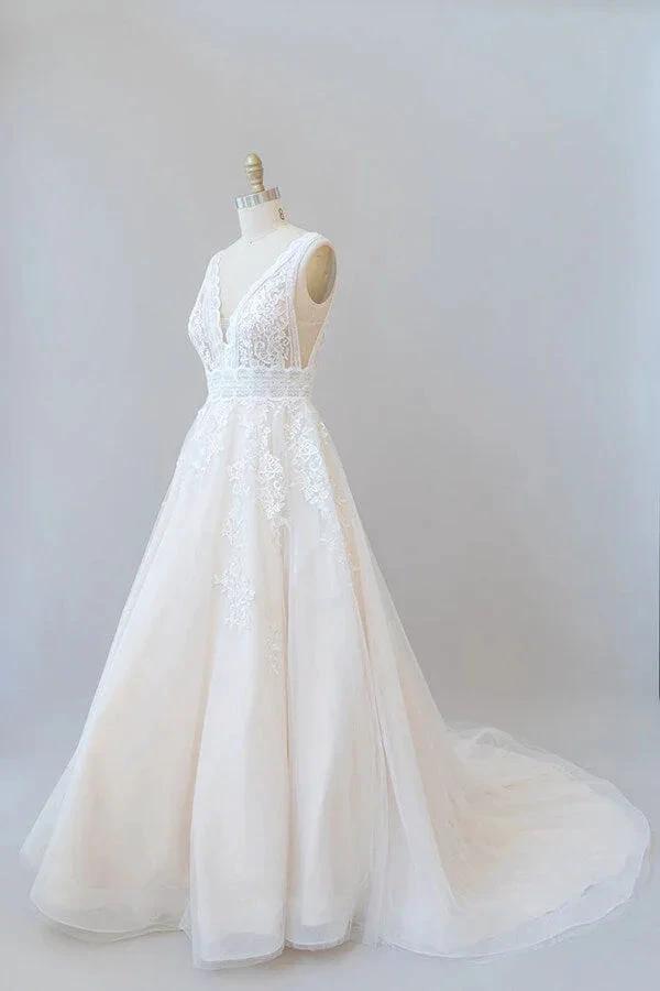 Elegant Long A-line V-neck Appliques Lace Tulle Backless Wedding Dress