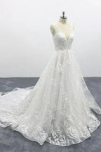 Elegant Long A-line V-neck Appliques Lace Tulle Backless Wedding Dress
