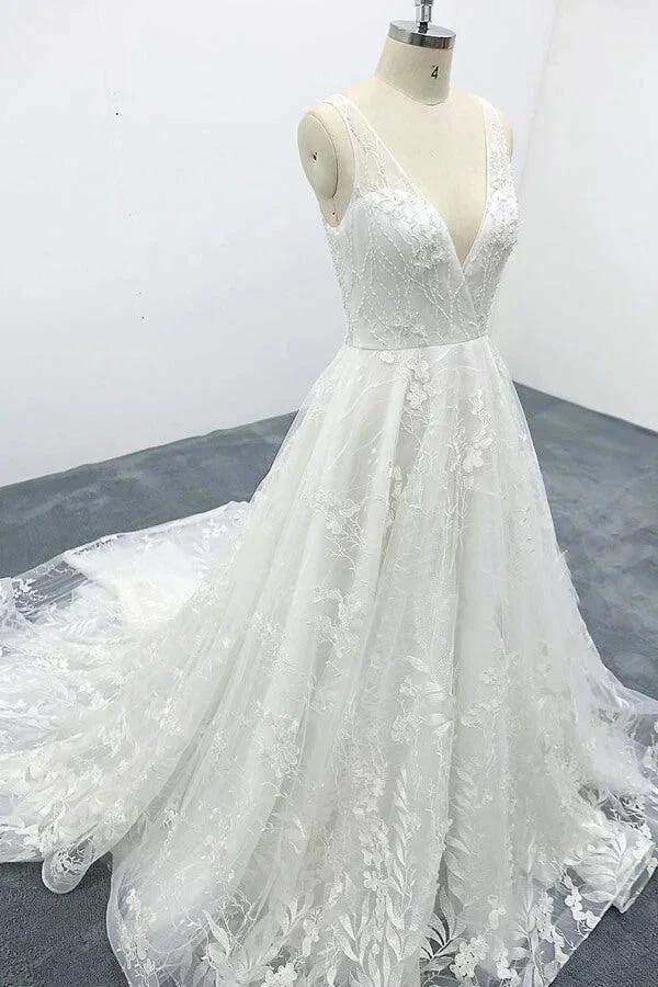 Elegant Long A-line V-neck Appliques Lace Tulle Backless Wedding Dress
