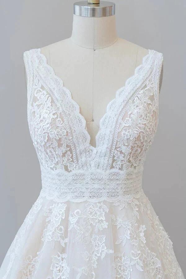 Elegant Long A-line V-neck Appliques Lace Tulle Backless Wedding Dress