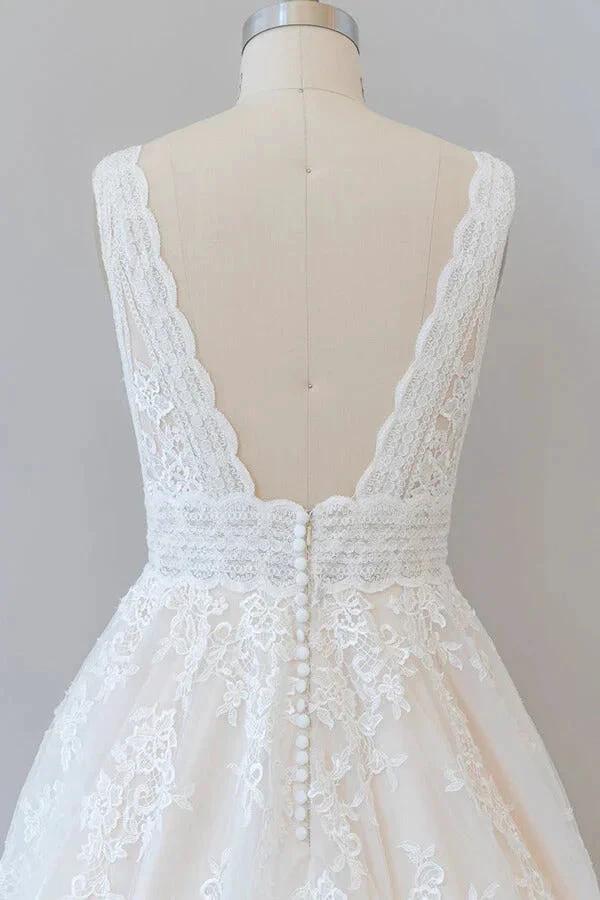 Elegant Long A-line V-neck Appliques Lace Tulle Backless Wedding Dress