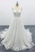 Elegant Long A-line V-neck Appliques Lace Tulle Backless Wedding Dress