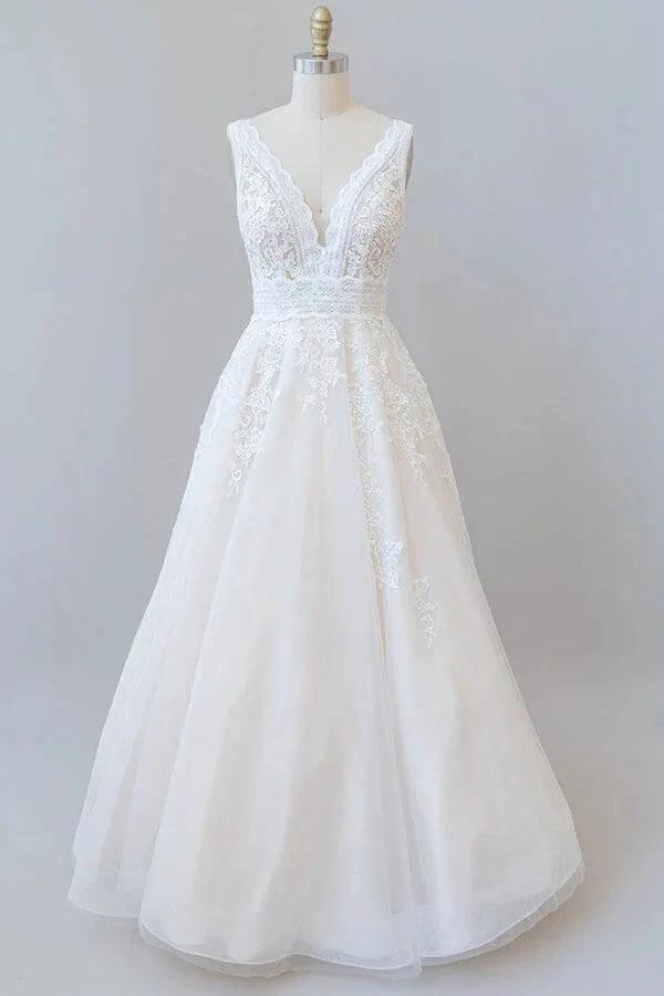 Elegant Long A-line V-neck Appliques Lace Tulle Backless Wedding Dress