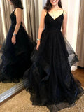 Elegant Long A Line V Neck Backless Long Prom Dresses Black Formal Evening Gowns