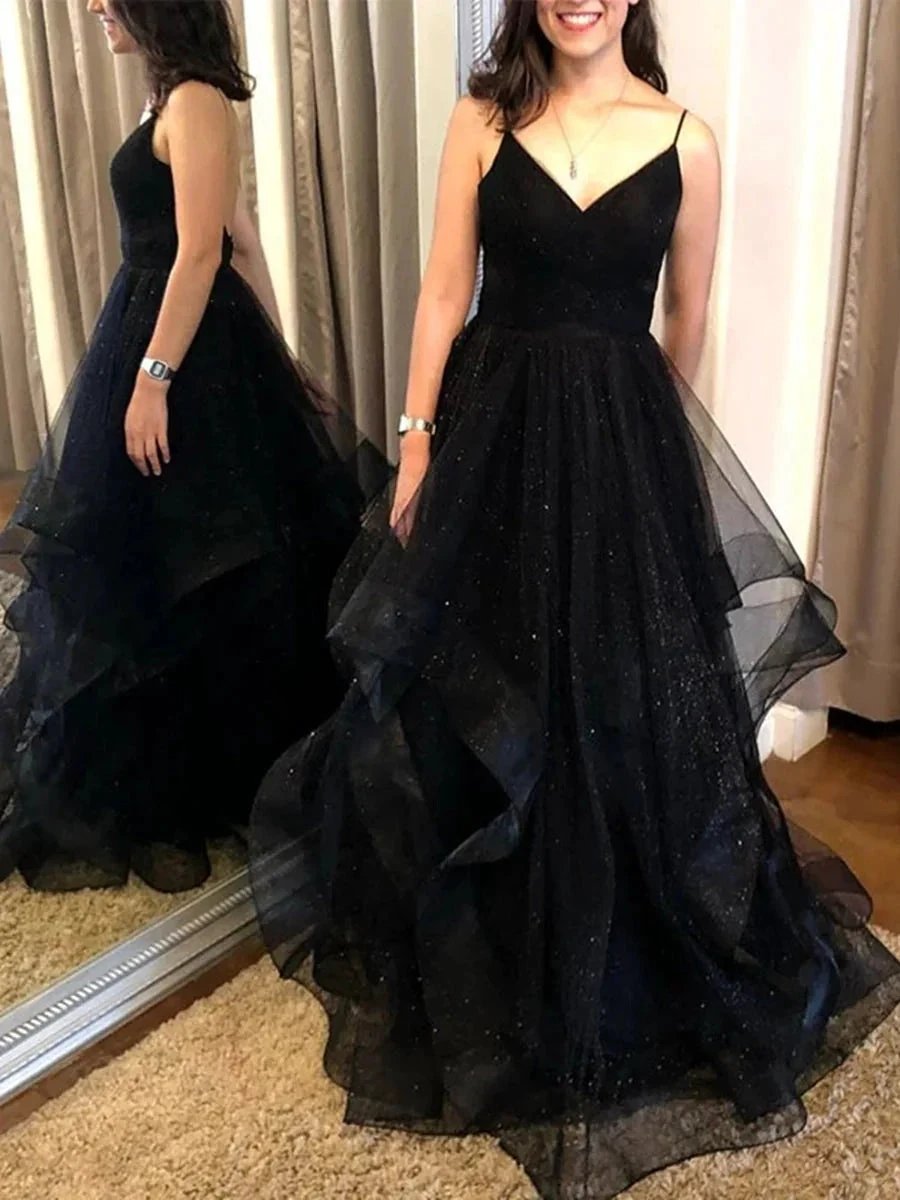Elegant Long A Line V Neck Backless Long Prom Dresses Black Formal Evening Gowns