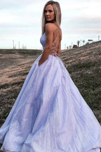 Elegant Long A-line V Neck Backless Satin Tulle Graduation Prom Dresses with Pockets