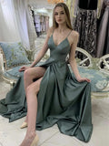 Elegant Long A Line V Neck Satin Formal Evening Prom Dresses with Slit