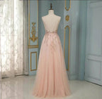 Elegant Long A-line V-neck Sequins Tulle Backless Prom Dress