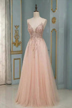 Elegant Long A-line V-neck Sequins Tulle Backless Prom Dress
