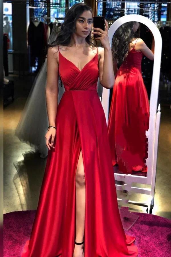 Elegant Long A-line V-neck Spaghetti Straps Prom Dress with Slit