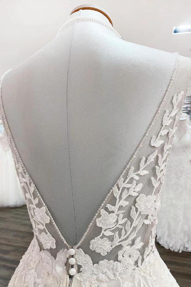 Elegant Long A-line V Neck Tulle Lace Open Back Wedding Dress