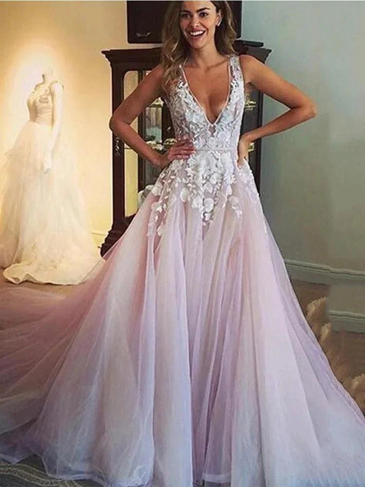 Elegant Long A-Line V Neck Tulle Lace Wedding Dresses