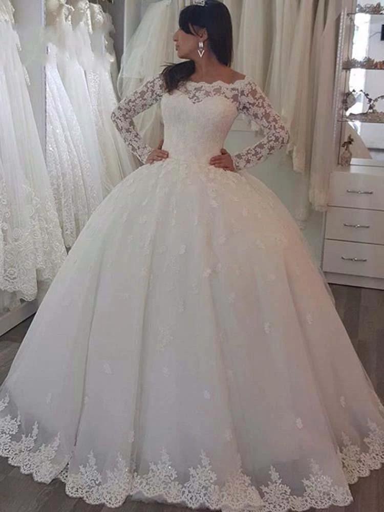 Elegant Long Ball Gown Bateau Lace Wedding Dresses with Sleeves