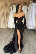 Elegant Long Black Off-the-shoulder Lace Mermaid Prom Dress With Slit