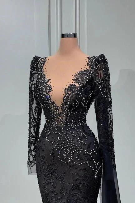 Elegant Long Black V-neck Lace Mermaid Evening Dresses With Long Sleeves