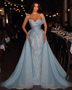 Elegant Long Blue A-line Off-the-shoulder Sleeveless Sequined Prom Dress With Detachable Train