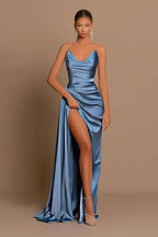 Elegant Long Dusty Blue Mermaid Sleeveless Prom Dress With Slit