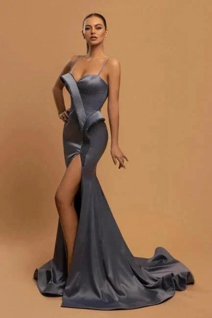 Elegant Long Glitter Spaghetti Straps Evening Dresses With Slit