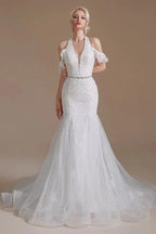 Elegant Long Mermaid Halter Tulle Floor-Length Wedding Dress with Appliques Lace