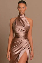 Elegant Long Mermaid High Neck Satin Formal Prom Dress With Slit