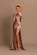 Elegant Long Mermaid High Neck Satin Formal Prom Dress With Slit