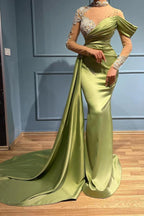 Elegant Long Mermaid High Neck Satin Lace Prom Dresses with Sleeves