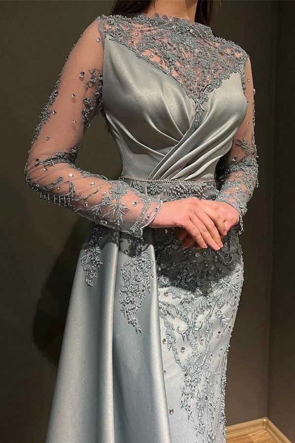 Elegant Long Mermaid Jewel Satin Appliques Lace Beading Prom Dress with Sleeves