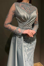 Elegant Long Mermaid Jewel Satin Appliques Lace Beading Prom Dress with Sleeves