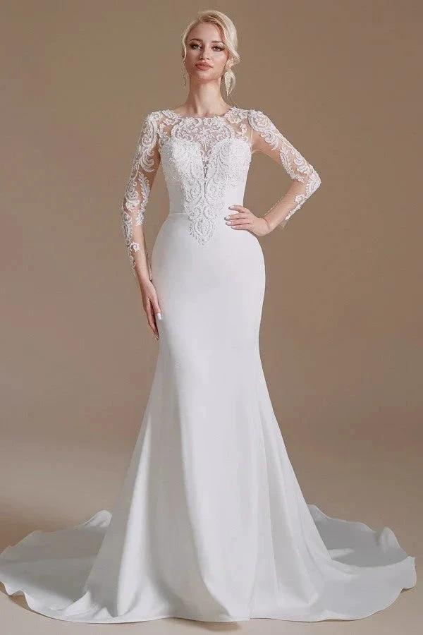 Elegant Long Mermaid Jewel Satin Lace Wedding Dress with Sleeves