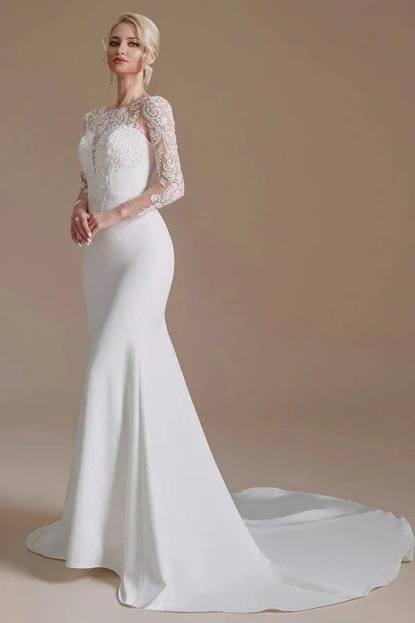 Elegant Long Mermaid Jewel Satin Lace Wedding Dress with Sleeves