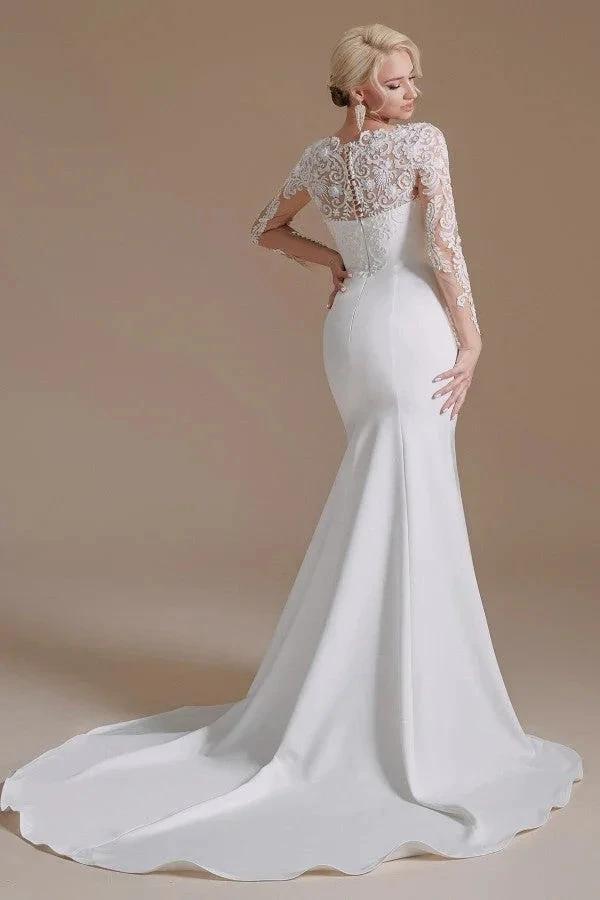 Elegant Long Mermaid Jewel Satin Lace Wedding Dress with Sleeves