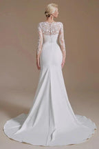 Elegant Long Mermaid Jewel Satin Lace Wedding Dress with Sleeves